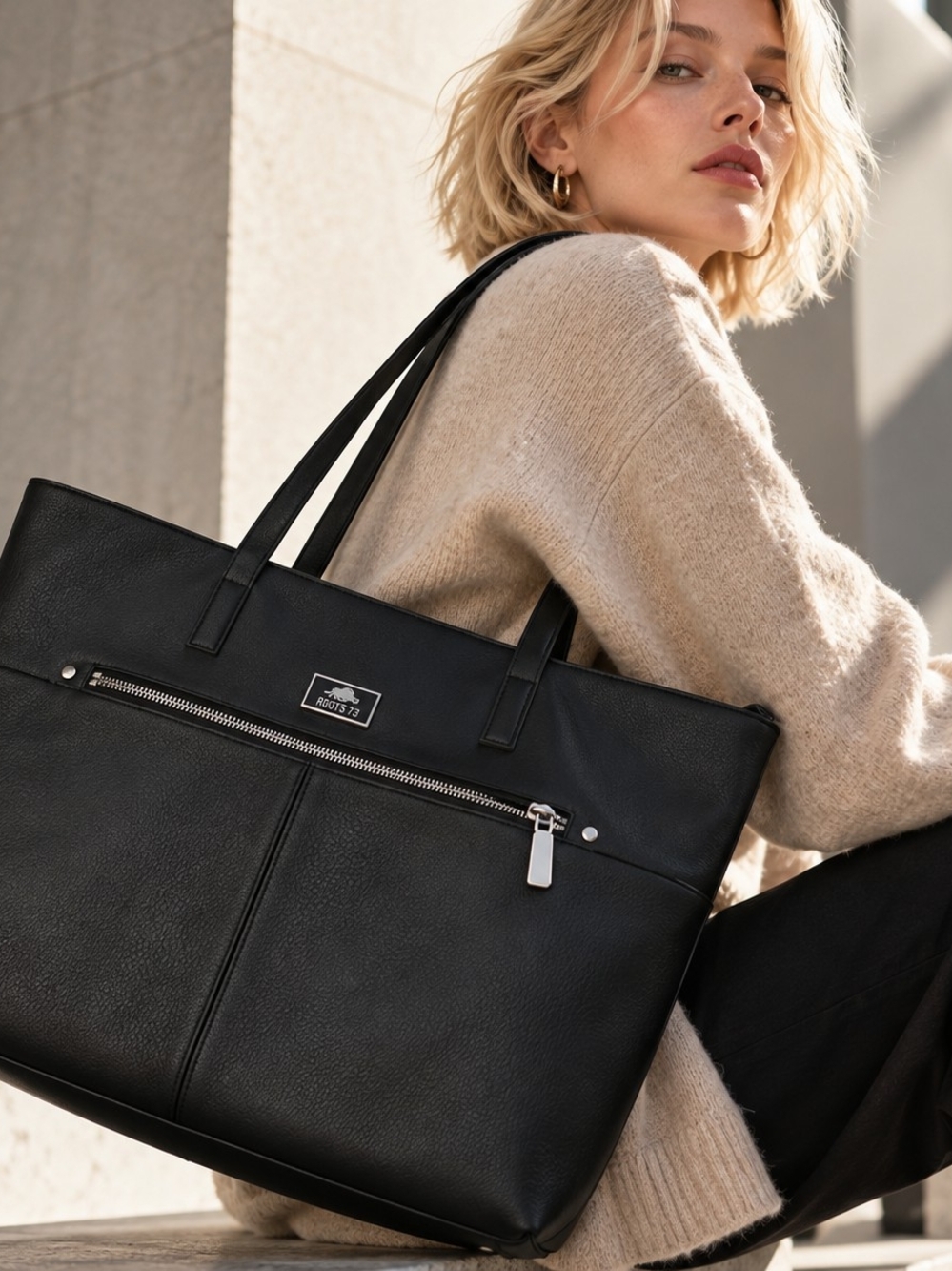 Roots 73 Black Large Tote Bag Silver Hardware